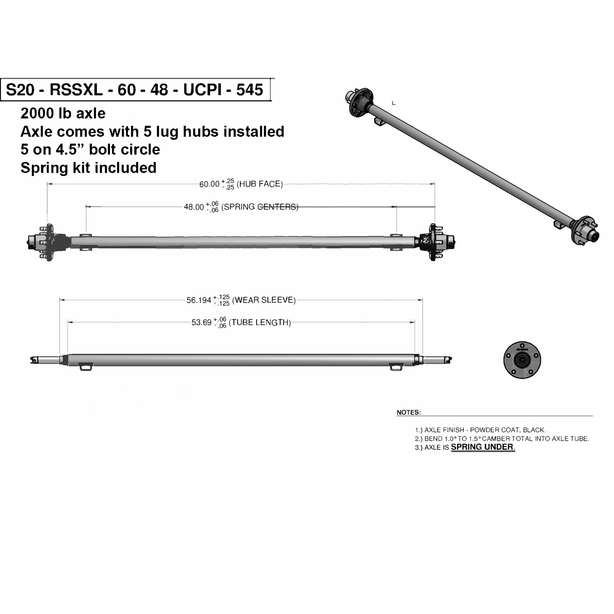 Dexter, 2000 Lb. Axle Ø1.75 Rd. Painted, 60" Hub Face, 48" Spring Center, Spring Under, E-Z Lube Spindles, Gal-Dex Coated Idler Hubs, 5 Lug, 4.5" Bolt Circle